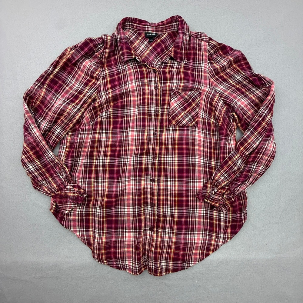 Torrid Plaid Puff Sleeve Button-Up Shirt Women 1 Burgundy Plaid Long Sleeve